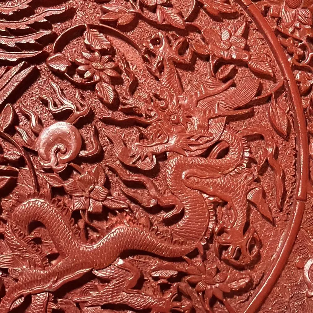 Vtg Chinese Red Carved Lacquer Plate DragonPhoenix National Palace Museum Taiwan